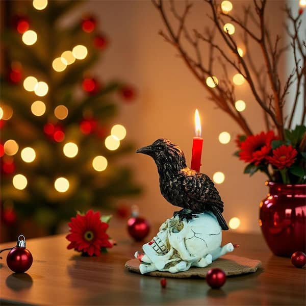 Black Resin Christmas Raven Candle Holder Witchy Occult Altar