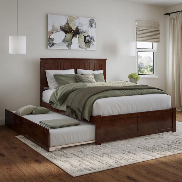 Nantucket Walnut Brown Solid Wood Frame Queen Platform Bed with Footboard and Twin XL Trundle
