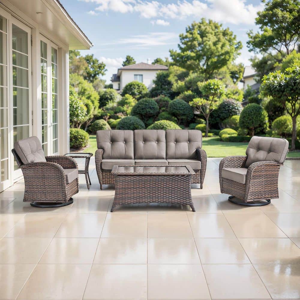 TWrap Brown 5-Piece Wicker Patio Conversation Set with Swivel Rockers, Sofa Seating Set with Olefin Gray Cushions price history on PriceWatchPro