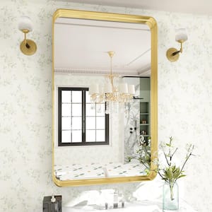 30 in. W x 48 in. H Rectangular Modern Aluminum Framed Rounded Gold Wall Mirror
