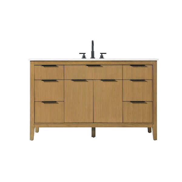 54 in. Single Sink Freestanding Honey Teak Bath Vanity with Marble White Engineered Marble Top