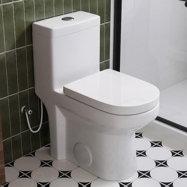 1-piece 0.8/1.28 GPF Dual Flush Round Toilet in White with Durable UF Seat Included