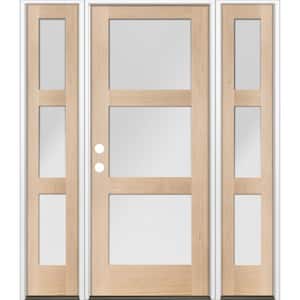 64 in. x 80 in. Modern Douglas Fir 3-Lite Right-Hand/Inswing Frosted Glass Unfinished Wood Prehung Front Door w/ DSL