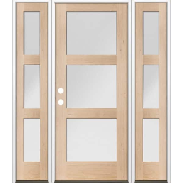 Krosswood Doors 64 in. x 80 in. Modern Hemlock 3-Lite Right-Hand/Inswing Frosted Glass Unfinished Wood Prehung Front Door w/ DSL