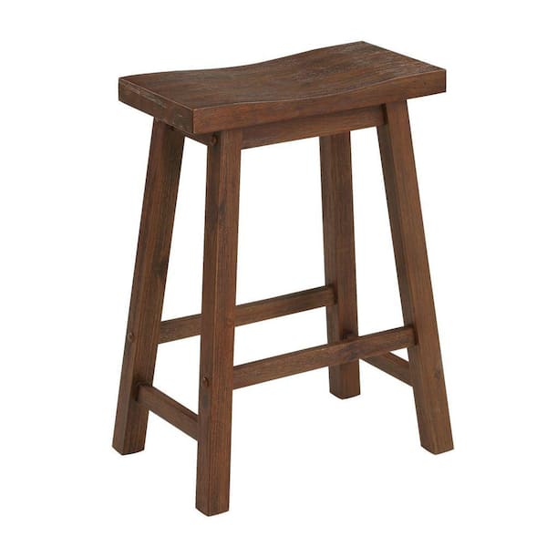Benjara 24.25 in. H Brown Saddle Design Wooden Backless Counter Stool with Grain Details