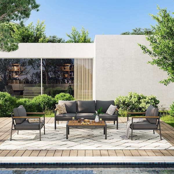 Poteban 5 seat Aluminum Patio Furniture Set, Modern Outdoor Conversation Set Sectional Sofa with Coffee Table, Dark Gray
