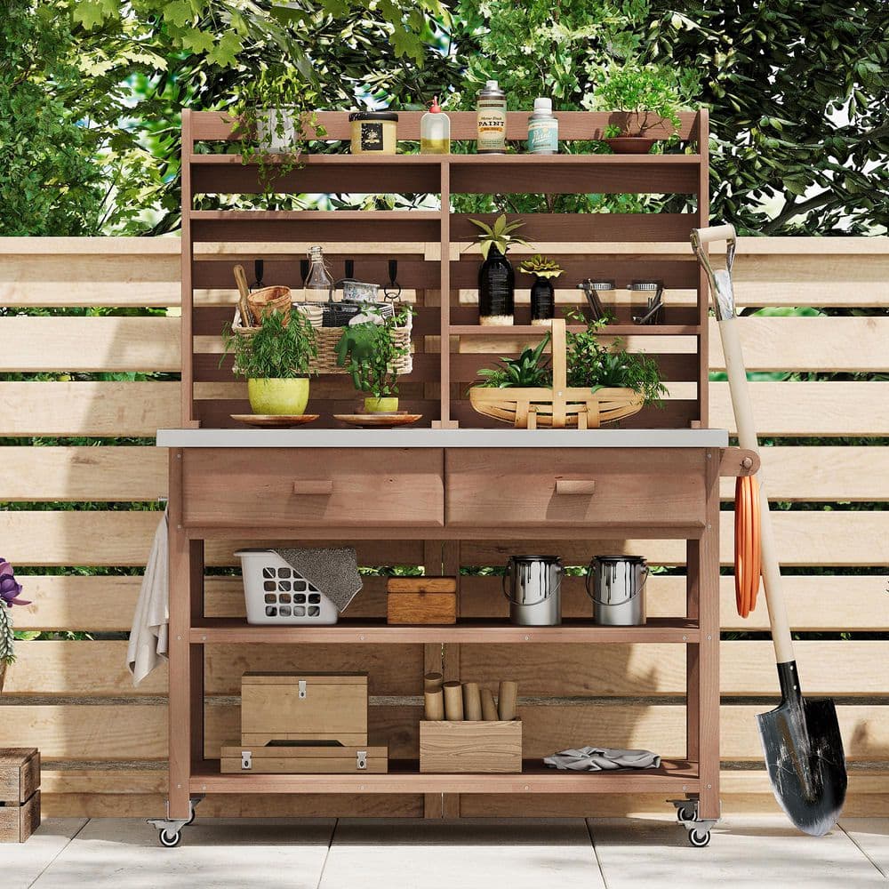 46. 7in. W x 65 in. H Outdoor Potting Bench with Lockable Wheels
