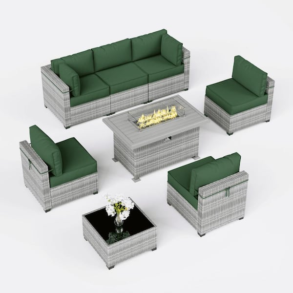 Kimunuk 8-Piece Wicker Outdoor Patio Sectional Conversation Set with Cushions and Fire Pit Table Green