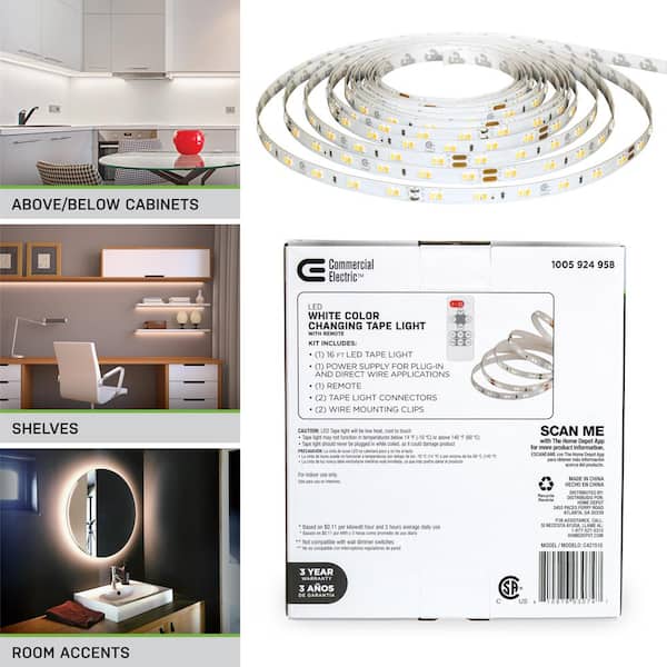Commercial Electric 16 ft. LED Tunable White Tape Light Kit- Under Cabinet  Light 421510 - The Home Depot