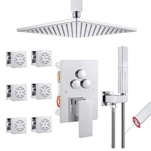 Single Handle 3-Spray Shower Faucet 1.8 GPM 10 in. Square Ceiling Mounted with Pressure Balance in. Chrome with 6-Jet