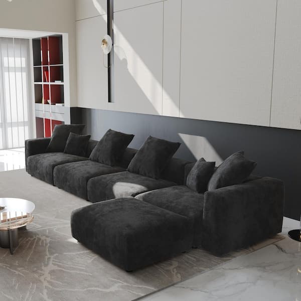 181.1 in. Square Arm 5-Piece Corduroy Modular Sectional Sofa in Black with Removable Covers and Ottoman