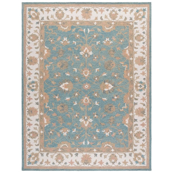Heritage 9 ft. x 12 ft. Light Blue/Ivory Border Ornate Floral Area Rug