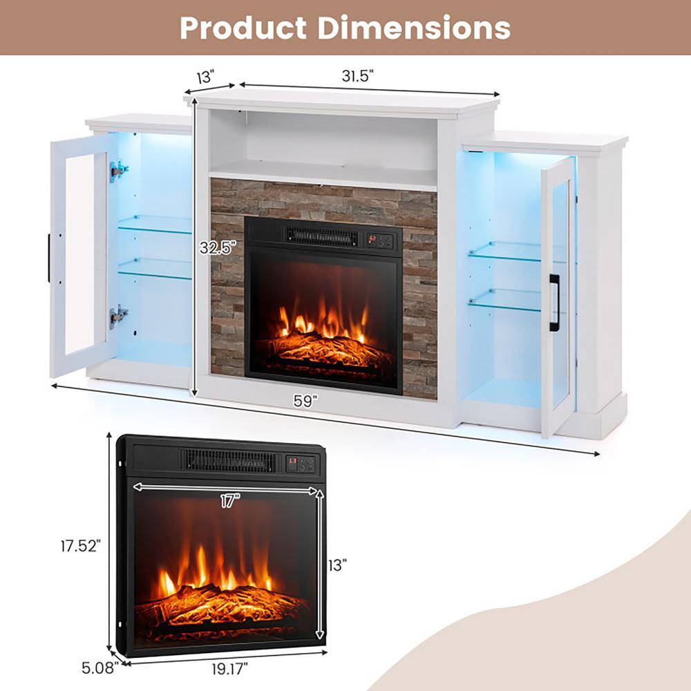 White MDF Fireplace TV Stand with LED Lights and Cabinets