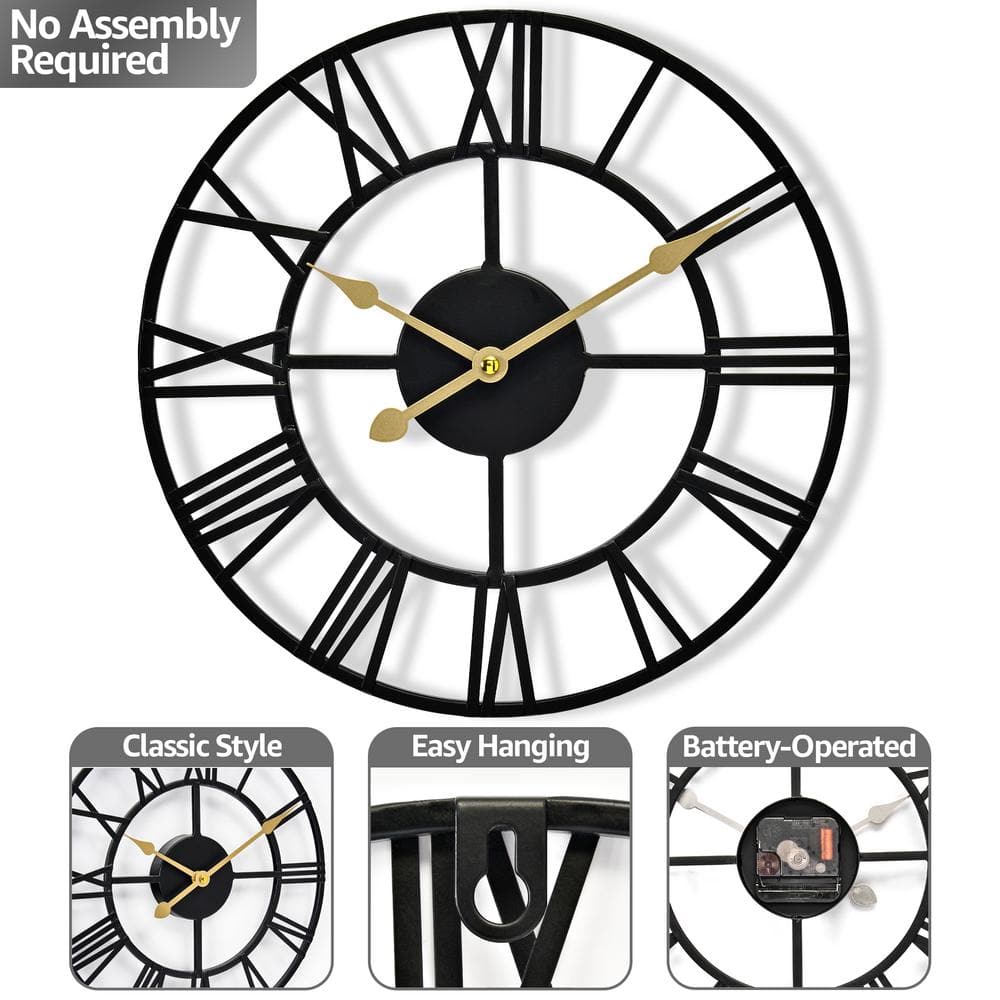 Black Metal 12-Inch Roman Numeral Wall Clock