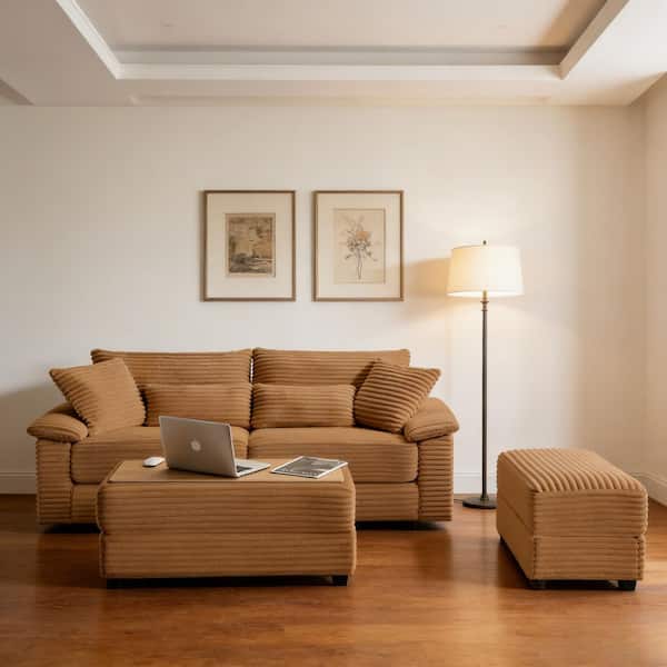 Fergal 74 in. Brown Fabric Pillow Top Arm Double Chaise Lounge with Reversible Ottoman, Storage Ottomans, USB Port