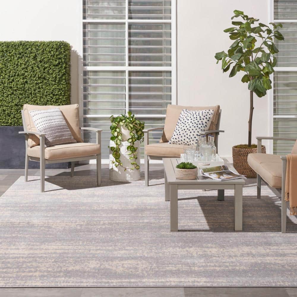 Nourison Essentials Grey Beige Abstract Outdoor Rug 10' x 14'