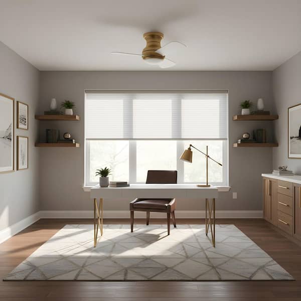 Orbis 32 in. Satin Brass Hugger LED Flush Mount Standard Ceiling Fan with Matte White Blades, Light Kit and Remote