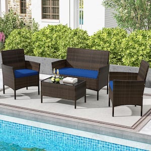 4-Piece Wicker Patio Conversation Set with Navy Cushions