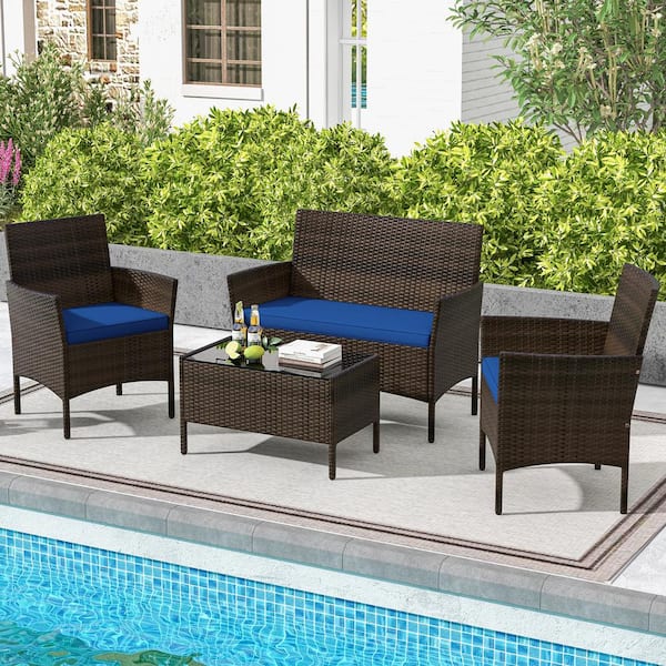 4-Piece Wicker Patio Conversation Set with Navy Cushions