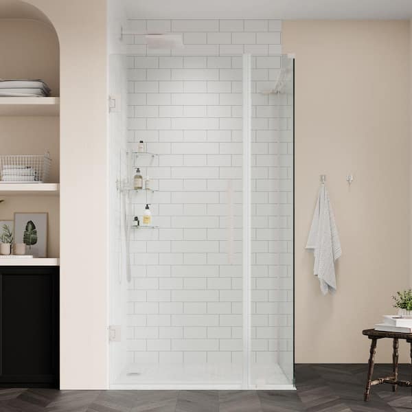 OVE Decors Tampa-Pro 31 13/16 in. W x 72 in. H Rectangular Pivot Frameless Corner Shower Enclosure in Satin Nickel with Shelves
