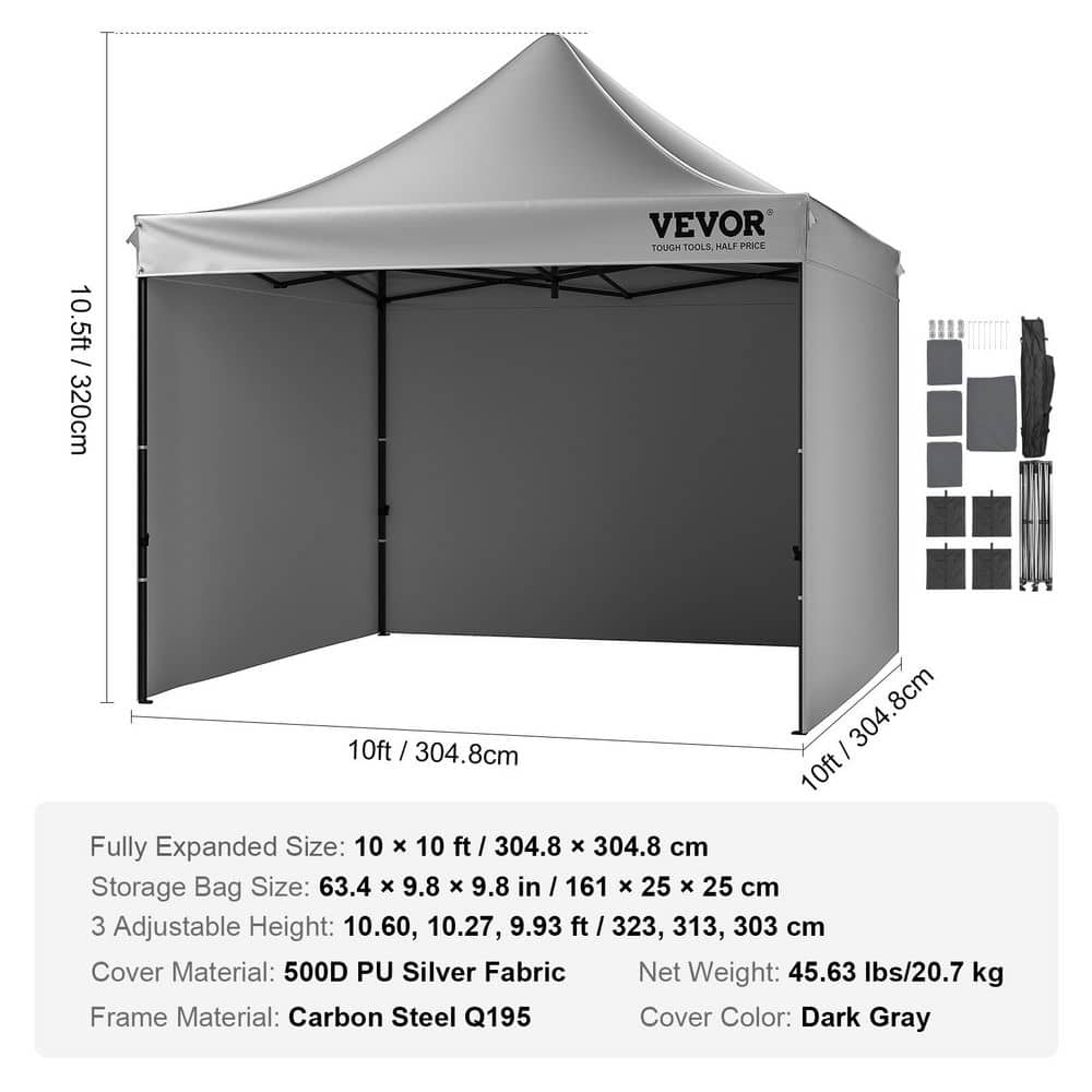 VEVOR 10x10 FT Gray Pop-Up Canopy Tent with Sidewalls