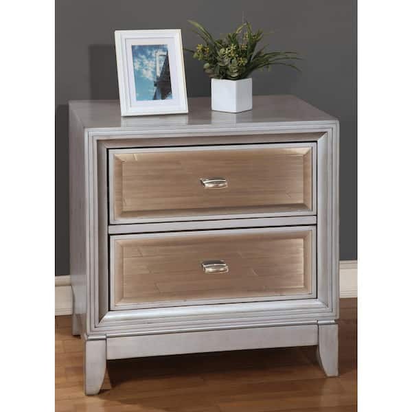 Furniture of America Donna 2-Drawer Silver Nightstand 24.5 in. H x 23 in. W x 16 in. D
