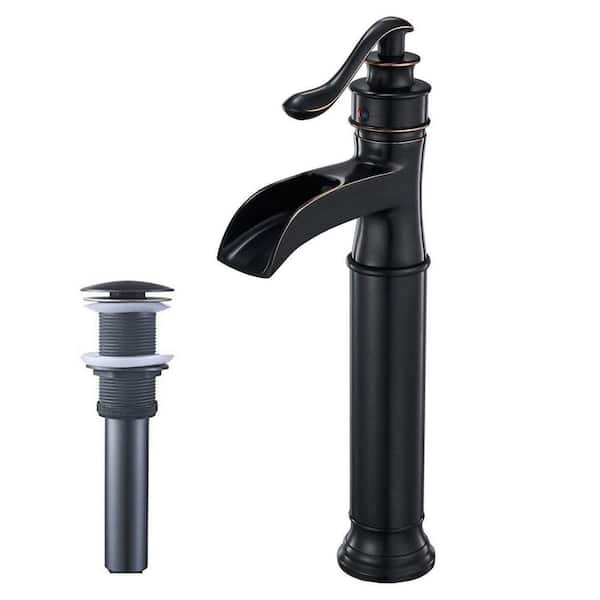 Unbranded Single Handle Single Hole Waterfall Bathroom Vessel Sink Faucet with Pop-Up Drain Assembly Included in Oil Rubbed Bronze