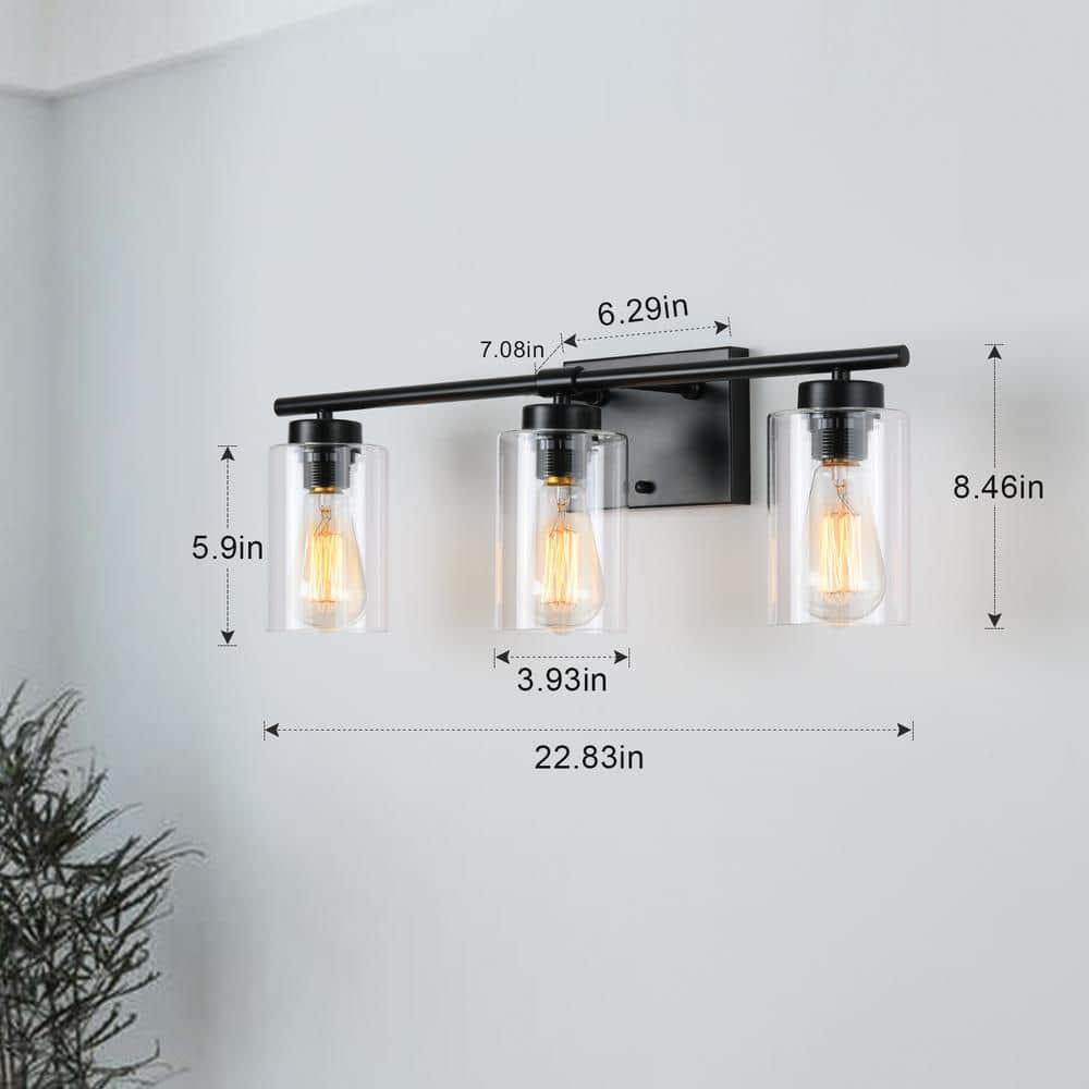 Black Metal 3-Light Vanity with Clear Glass Shades