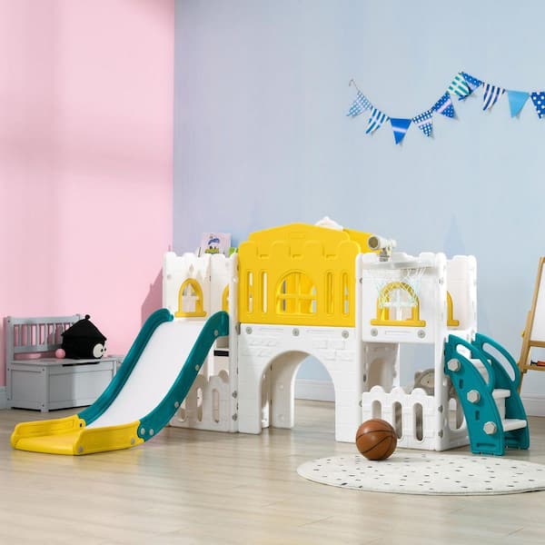 Indoor Slide Playset with Basketball Hoop, Climber