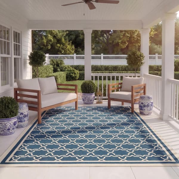 Courtyard Navy/Beige 8 ft. x 11 ft. Geometric Indoor/Outdoor Patio Area Rug