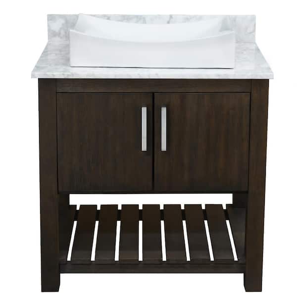 Novatto Ocean Breeze 31 in. W x 22 in. D x 31 in. H 1 White Porcelain Sink with CH Bath Vanity in Cafe with Carrara White Marble