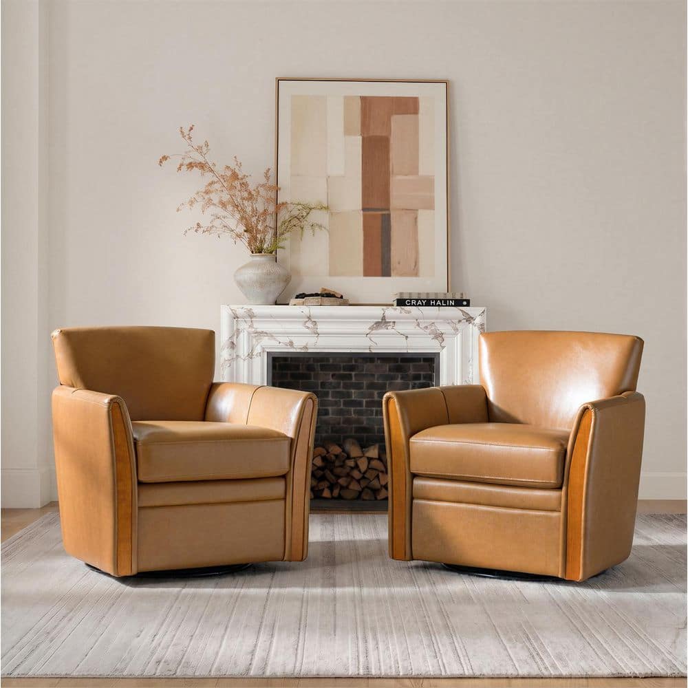 JAYDEN CREATION Fermin Modern Camel Leather Swivel Arm Chair Set of 2 ...