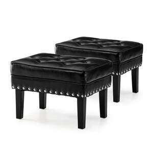 Mid-Century Modern Black Leatherette Button-Tufted Accent Stool (Set of 2)