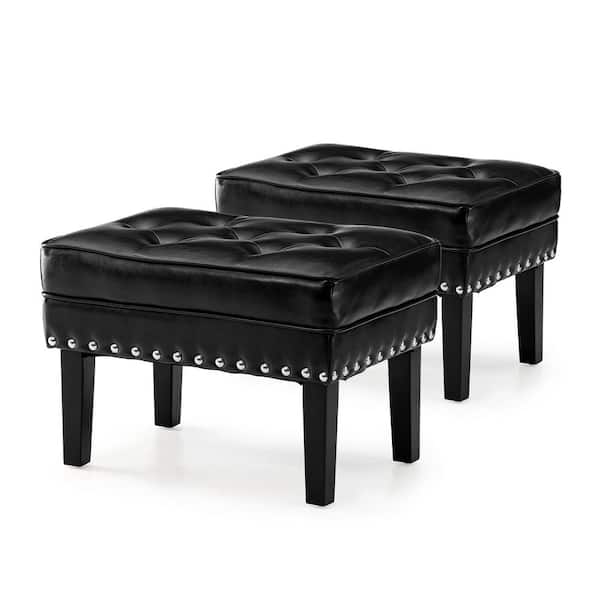 Glitzhome Mid-Century Modern Black Leatherette Button-Tufted Accent Stool (Set of 2)