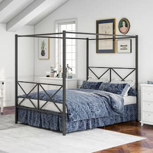 Black Queen Size 60 in. W Canopy Bed with X Shaped Headboard and Footboard, Steel Platform Bed with 4 Posters
