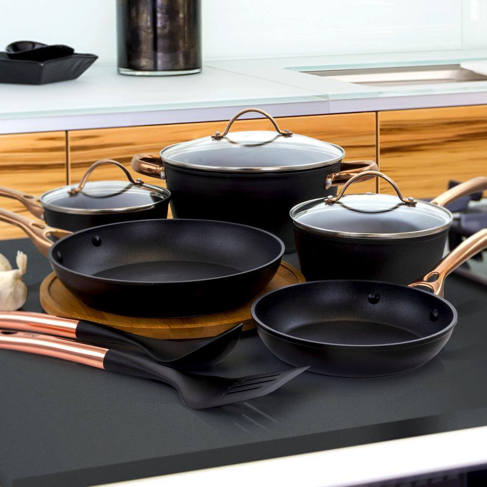 Elegant Black and Bronze 10-Piece Aluminum Nonstick Cookware Set