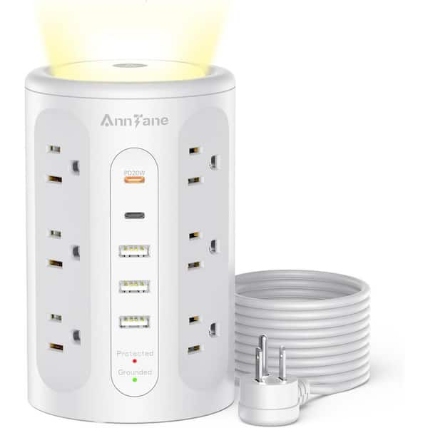 Lukyamzn 12-Outlet Power Strip Surge Protector with 5 USB Port and 10 ft. Extension Cord in White