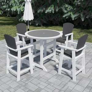 Outdoor Dining Patio Bar Table Set Plastic White andGray HDPE High Top Table and Chairs Set of 5 Bar Table, Stools Set