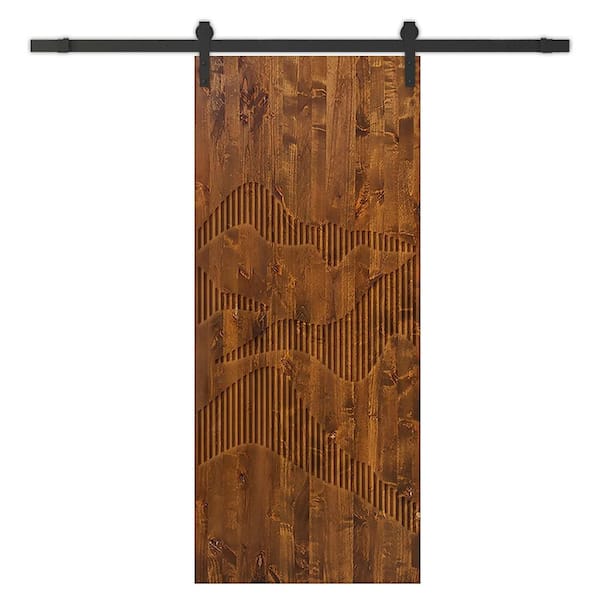 CALHOME 34 in. x 96 in. Walnut Stained Pine Wood Modern Interior Sliding Barn Door with Hardware Kit