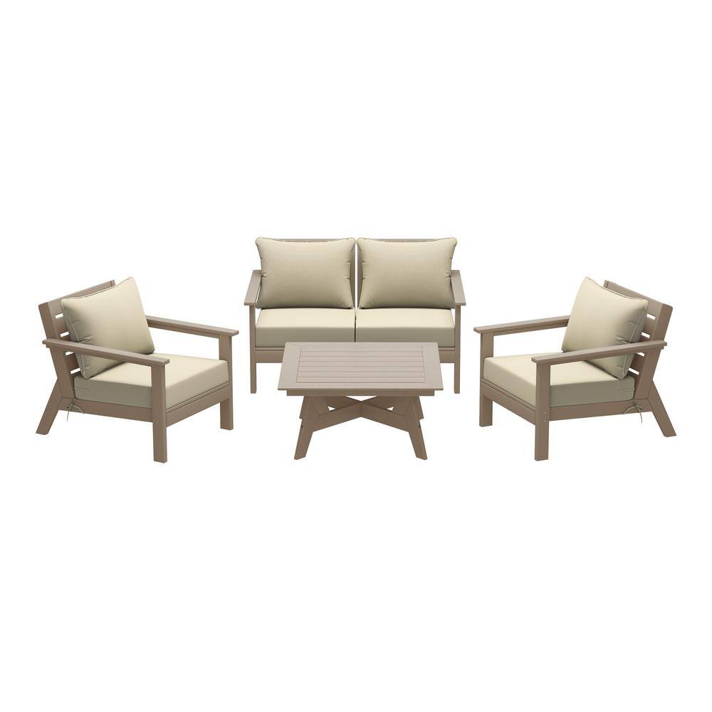 Birchwood Weathered Wood Arrangeable 5-Piece Outdoor Patio HDPE Deep Seating Conversation Lounge Set w/ Beige Cushions price history on PriceWatchPro