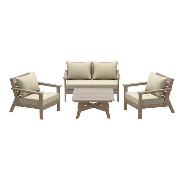 Birchwood Weathered Wood Arrangeable 5-Piece Outdoor Patio HDPE Deep Seating Conversation Lounge Set w/ Beige Cushions