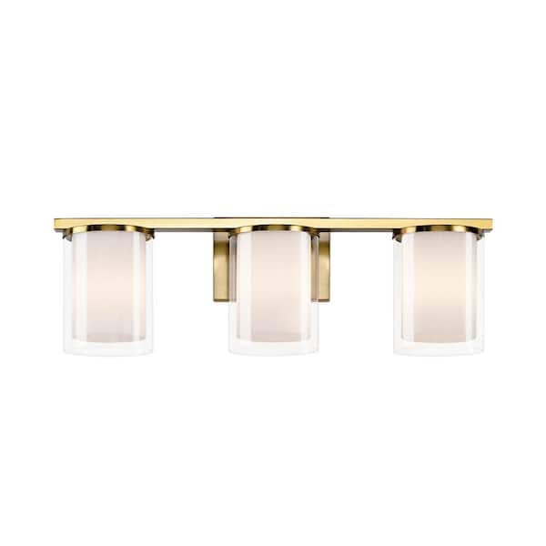 Edvivi 22.75 in. 3-Light Gold Modern Vanity Light with Clear Glass and White Glass Dual Shades