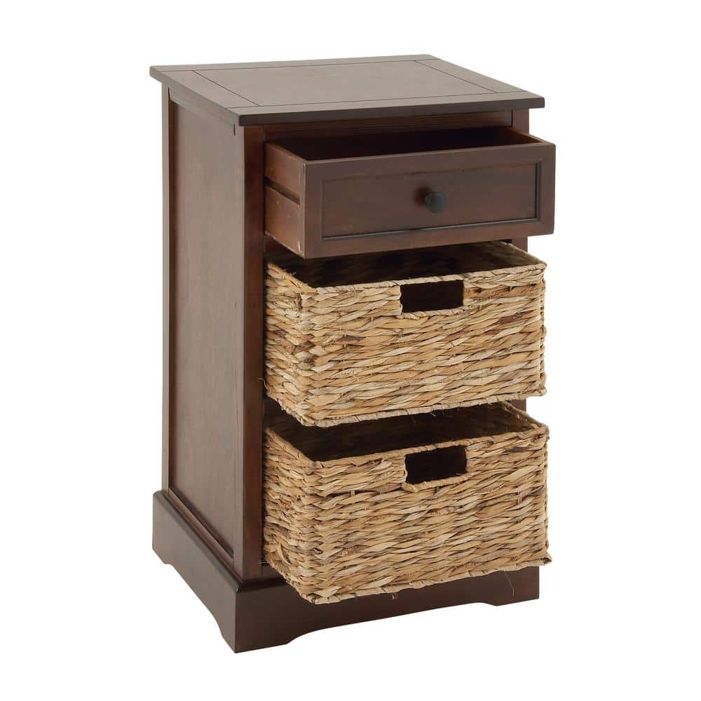 Elegant Brown Wooden Side Chest with Wicker Drawers - 33" x 20.5"