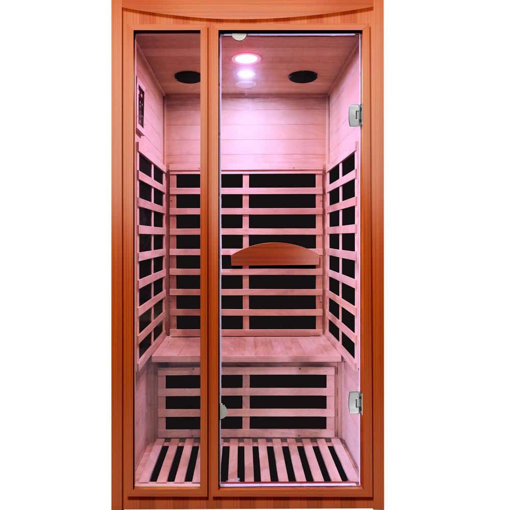 Okoume Wood 2-Person Far Infrared Sauna with 6 Heating Panels, Colorful Lights, Reading Lights and 2 Bluetooth Speakers