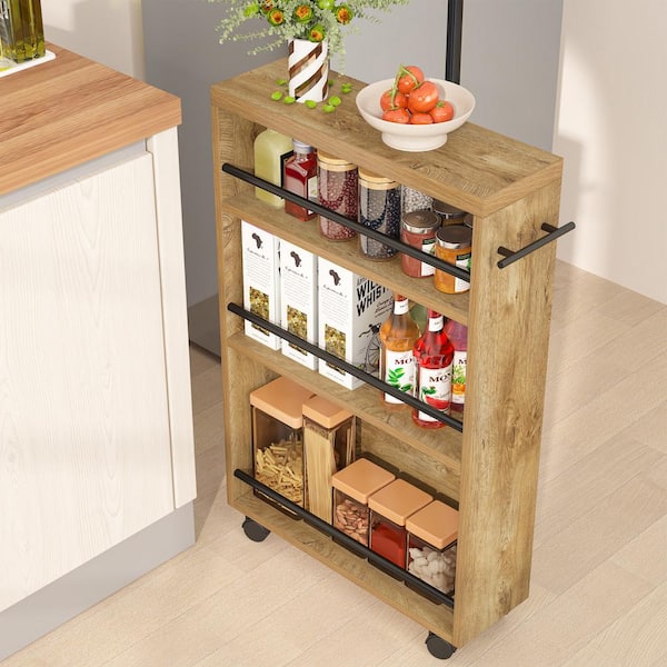 BYBLIGHT Clarine Rustic Brown Storage Cart with Rolling Wheels and Handle for Kitchen, Dinning Room