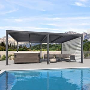 12 ft. x 20 ft. Gray Aluminum Frame Louvered Pergola with Individual Adjustable Roofs and 1-Short Side Roller Shades