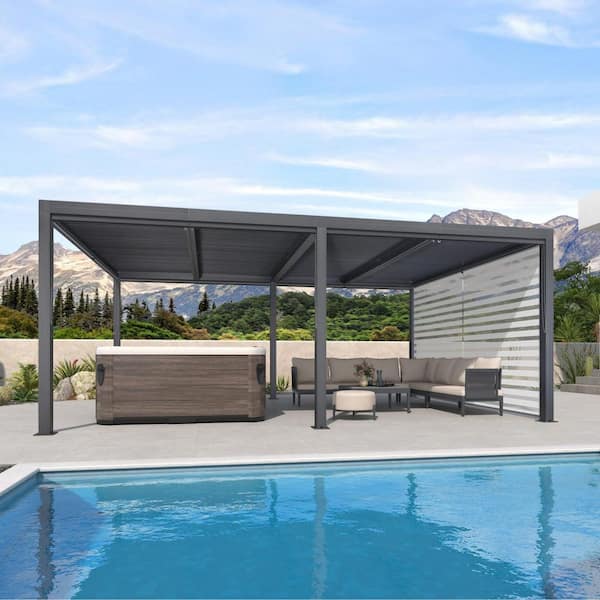 12 ft. x 20 ft. Gray Aluminum Frame Louvered Pergola with Individual Adjustable Roofs and 1-Short Side Roller Shades
