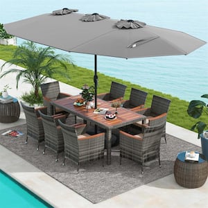 10-Piece Wicker Rectangle Outdoor Dining Set with Beige Neutral Cushions and Grey Umbrella