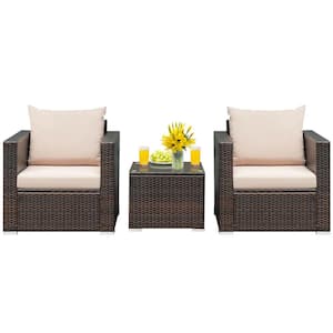 3-Piece Wicker Patio Conversation Set with Beige Cushions and Tempered Glass-Top Table