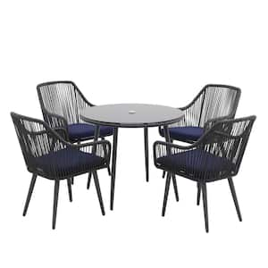 OC Orange Casual 5-Piece Wicker Black Outdoor Dining Set with Dining Table, Blue Cushions